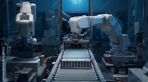 Electric Car Battery Pack Production Process. On Lithium-ion Battery Cell Manufacturing Line Robot Arms Transporting Automotive Battery Module onto Conveyor Belt. Automated High Capacity Factory