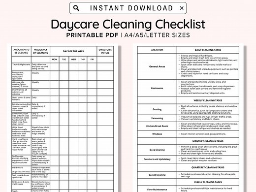 Daycare Cleaning Checklist Printable, Keep A Nice & Tidy Child Care Center, Ensure Your Classrooms Stay Sanitized and Germ Free, Log Sheet - Etsy