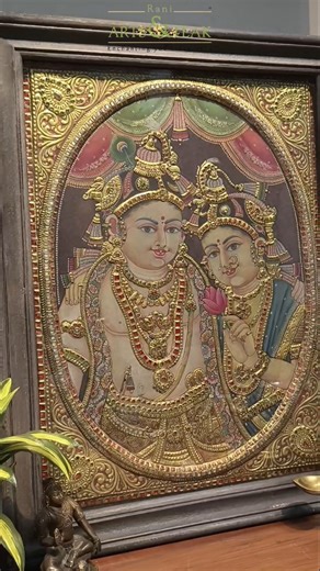 Rani Arts & Teak on Instagram: "This Tanjore painting of Radha Krishna captures a love that rises beyond lifetimes — where Krishna’s divine charm blends with Radha’s steadfast devotion. The artwork is enriched with traditional Tanjore techniques, featuring hand-applied gold leaf, intricate embossing, detailed stone setting, and vibrant natural colours, all of which enhance their divine aura. Together, they portray the sacred union of the soul and the supreme, bringing harmony, joy, and spiritual