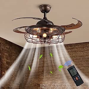 NOXARTE 48" Industrial Caged Ceiling Fan with Lights, Rustic Chandelier Fan Retractable Blades Ceiling Fan Light Kit for Farmhouse Bedroom-Rustic