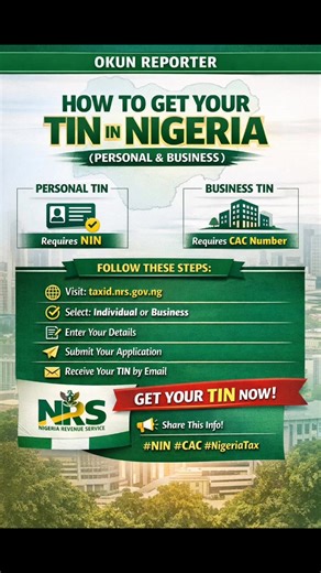 How to Get Your TIN in Nigeria (Personal & Business) Official & Online Process Your Tax Identification Number (TIN) is required for banking, business registration, contracts, and tax compliance. Important to note: Personal TIN requires your NIN (National Identification Number) Business TIN requires your CAC Registration Number Steps to Generate Your TIN: Visit the official portal: 🔗 https://taxid.nrs.gov.ng/ Select the registration type: 1.Individual (Personal TIN) – enter your NIN 2. Business 