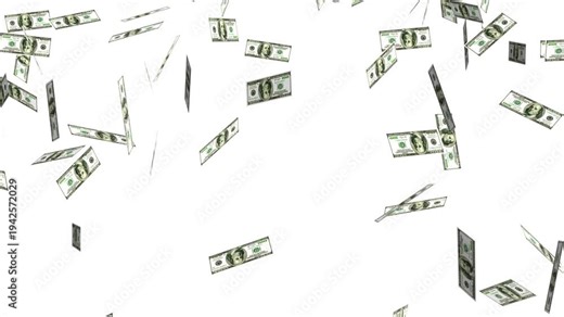 3D Money Rain Animation 4K, Dollar Bills Falling From Sky, Cash Explosion Effect, Flying Banknotes Particle Animation, Rich Money Background, White Background Overlay Video