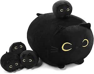TOYSYM Black Cat Stuffed Animal Mommy Cat Plush Toys with 4 Squishy Baby in Her Tummy Soft Cute Hugging Pillows for Boys and Girls