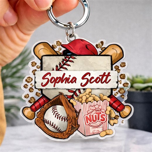 Personalized Baseball Acrylic Keychain, Custom Name Baseball Glove Bat Popcorn Sports Keyring, Baseball Lover Gift - Etsy