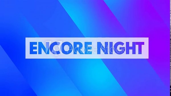 Motion graphics animation displaying the phrase Encore Night revealed from a horizontal rectangle that opens vertically and rotates diagonally over gradient and solid color backgrounds.