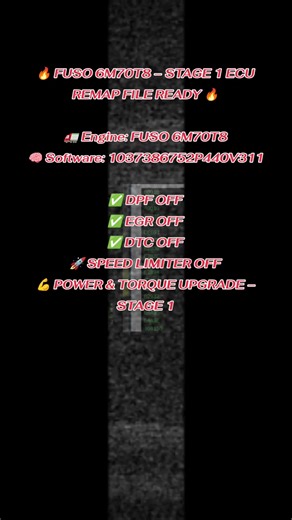 🔥 FUSO 6M70T8 – STAGE 1 ECU REMAP FILE READY 🔥 🚛 Engine: FUSO 6M70T8 🧠 Software: 1037386752P440V311 ✅ DPF OFF ✅ EGR OFF ✅ DTC OFF 🚀 SPEED LIMITER OFF 💪 POWER & TORQUE UPGRADE – STAGE 1 ✔ Stronger pulling power for heavy loads ✔ Improved throttle response ✔ Smoother acceleration & stable operation ✔ No warning lights • No limp mode ✔ CHK OK – Tested & reliable Built for long-haul, logistics, and heavy-duty applications. Stage 1 calibration focused on durability real usable torque, not risky