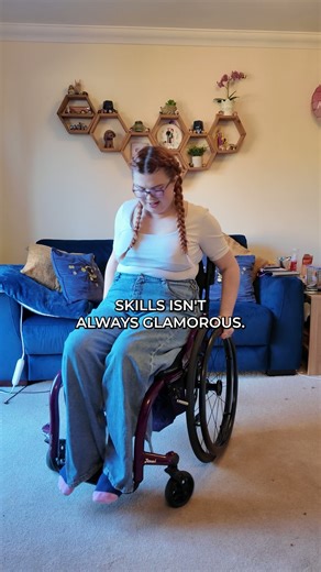 Jenni | Chronic Illness Hacks on Instagram: "Learning new wheelchair skills isn’t always glamorous. It starts in my living room, with a sofa behind me just in case I fall. Just me, my wheels, and a whole lot of wobbling. Wheelies aren’t just for show. They are actually a really useful skill. They help you tip your chair safely over curbs, lips, or uneven ground. But learning to do them confidently takes time. There were a lot of almosts, and more than a few not quites. But slowly, my confidence