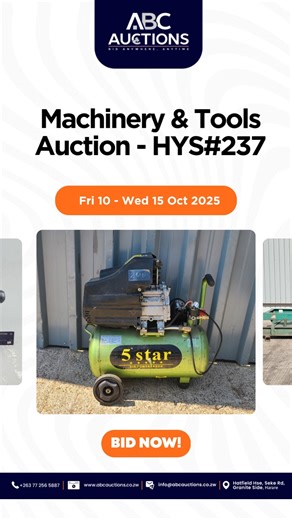 Machinery & Tools Auction - HYS#237 | SAT 11 OCT > WED 15 OCT 2025 💥Auction Now LIVE on the ABC Auctions App [x] Download the ABC Auctions App Now - https://qrco.de/ABC_Auctions [x] Start Bidding - https://tinyurl.com/4x664w6n [X] Subscribe to our YouTube Channel for more content - https://youtube.com/@abcauctions7837 📲Contact us today to find out how we can help you sell your vehicles & Goods: Harare: 📞Call: 086 77009 086 📲WhatsApp: https://wa.link/hoz14b 📍ABC Auctions, Hatfield House, Sek