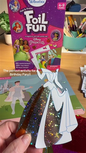 This Foil Fun Disney Princess craft set is such a magical activity for kids! It includes 10 Disney Princess picture canvases, each with a matching foam sticker sheet, plus around 250 foam stickers and 100 colorful foil sheets to make the designs shine. Just place the sticker, press the foil, and watch the picture come to life with sparkly color. It’s a perfect craft idea for birthday parties—set it out for up to 10 kids, let them create their own princess artwork, and each child gets to take hom