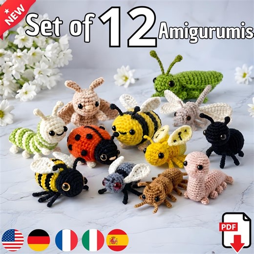 12 Mini Insect Amigurumi Patterns, Bee, Caterpillar, Ladybug, Ant, Tiny Crochet Bug Bundle, Kawaii Plush PDF - Etsy