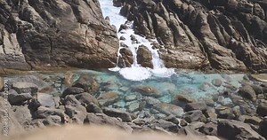injidup natural spa located in Naturaliste area. Tourism and nature, Western Australia. Slow-motion of breaking over rocks.
