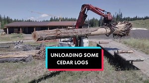 Lil Man unloading some larger Western Red Cedar logs for our next Pioneer project! #linkbelt #logging #pioneerloghomes #loghome #menatwork #chainsaw #britishcolumbia #cedar #loggingmachine #dji #djidrone