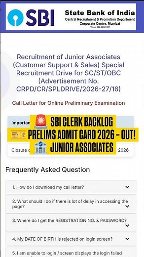 SBI CSA Junior Associate Backlog Prelims Admit Card 2026 Out | Download Call Letter Now