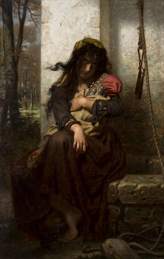 La Lunática de Étretat" (1871) es una pintura del artista francés Hugues Merle. La obra retrata a una mujer con una expresión de profundo sufrimiento, sentada en el borde de un pozo. En lugar de un bebé, sostiene un tronco de madera envuelto en tela, lo que sugiere temas de locura, dolor y anhelo por un hijo perdido o deseado. La pintura es conocida por su emotiva y evocadora representación de la angustia mental y el sufrimiento femenino en el siglo XIX. | Placencio Arts