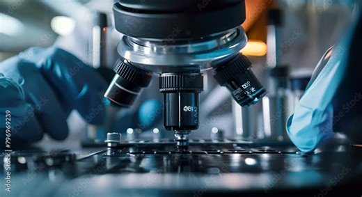 A close-up of a scientist in a blue glove using a microscope to examine a circuit board.