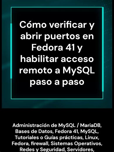 Cómo verificar y abrir puertos en Fedora 41 y habilitar acceso remoto a MySQL paso a paso 🛠️ Cuando abrir un puerto me devolvió al paso 1 Estaba configurando el acceso remoto a MySQL en Fedora 41: puerto 3306 listo, reglas del firewall aparentemente correctas… pero aún no podía conectarme. 💡 Al investigar, descubrí que no basta con “abrir un puerto”. Hay que verificar el estado, la zona del firewall, el usuario remoto y que el servicio escuche realmente. Por eso preparé una guía con todos los 
