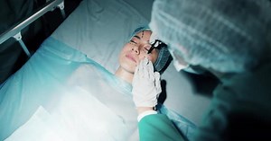 Plastic surgery, patient and drawing lines on face for change, cosmetics