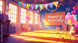 An Empty birthday Party Room, ready for celebration. Anime or digital painting style, looping 4k video animation background