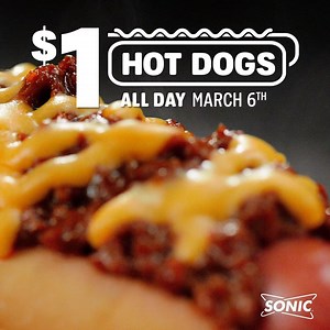 38K views · 336 reactions | We keep it  with our 100% pure beef hot dogs. Get yours TOMORROW during our $1 Hot Dog Day!  Skip the line, and order ahead in the SONIC app. Each Hot Dog is $1.00. Tax not included. Valid only for 6” Chili Cheese Coney and All-American Dogs. Offer valid only on March 6th, 2019, at participating SONIC® Drive-In locations while supplies last. Not good in conjunction with combos or any other offers. | Sonic Drive-In | Facebook