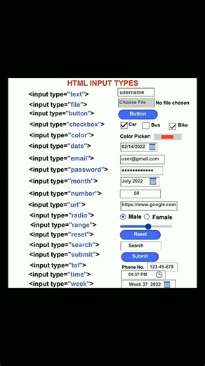Input types in html | html tutorial | html tags list | Input tags in html | Web Developement Tutorial | Front end development Tutorial #html​ #shorts​ #youtubeshorts​ #shortsviral​ #shortsyoutube​ #short​ #shortsfeed​ #share​ #shortvideo​ #shortsyoutube​ #shortsviral​ #trendingshorts​ #trending​ #viralshorts​ #viralvideo​ Related Search :- html tutorial for beginners fullstack development tutorial for beginners html full course front end tutorial for beginners javascript tutorial for beginners h