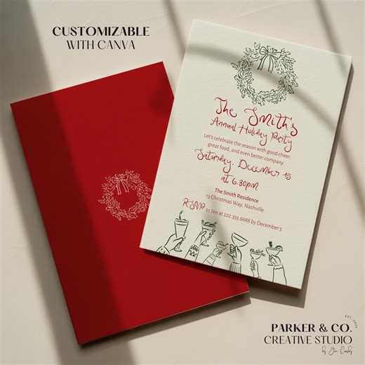 Editable Christmas Cocktail Party Invitation | Festive Wreath and Cocktail Design | Canva Template (digital Download) - Etsy