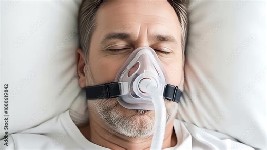 Man Wearing Oxygen Mask Sleeping Peacefully in Hospital Bed Relaxed Medical Care Patient Recovery