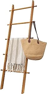 Blanket Ladder, 5-Tier Wooden Quilt Rack,Rustic Decorative Farmhouse Blanket Storage, Wall-Leaning Ladder Shelf for Living Room and Bedroom-Walnut，Easy Assembly