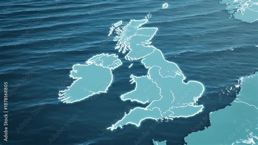 A stunning digital visualization shows the outline of the United Kingdom and Ireland emerging from the deep blue ocean surface, creating a dynamic and modern uk map animated geographic.