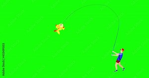fisherman fishing with a rod 2d animation video on green screen