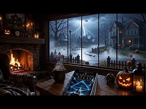 🎃 Cozy Halloween Night | Fireplace, Thunder & Wind Sounds | 1 Hour Ambience 4K