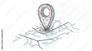 Location pin and map with glitch effect on white background. GPS navigation system motion graphics.