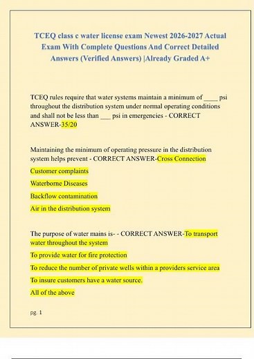 TCEQ class c water license exam Newest 2026 2027 Actual Exam With Complete Questions And Correct Det