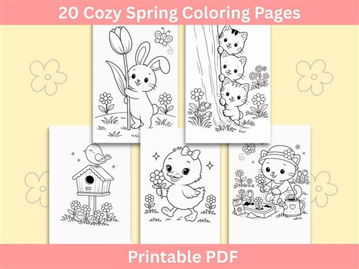 Spring Coloring Pages Printable for Kids, 20 Pages Easy Preschool Activity, Screen Free Fun, Toddler Coloring Book PDF, Instant Download