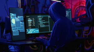 Hackers in dark room running code to breach defenses and exploit weaknesses in computer systems. Evil developers in basement getting past companies security networks, handheld camera shot