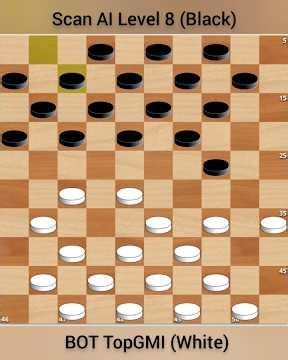 10x10 Checkers, June 2026, Game 1: Scan AI Level 8 (Black) versus BOT iDamesProgram (White).
