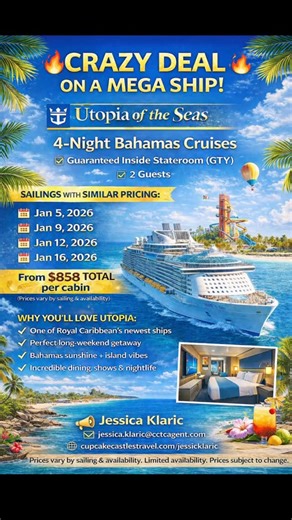 Jessica WK on Instagram: "🚢🔥 CRAZY DEAL ON A BRAND-NEW SHIP! 🔥🚢 Utopia of the Seas | Royal Caribbean 🌴 4-Night Bahamas Cruises 🛏️ Guaranteed Inside Stateroom (GTY) 👫 2 Guests 💥 SAILINGS WITH SIMILAR PRICING: 📅 Jan 5, 2026 📅 Jan 9, 2026 📅 Jan 12, 2026 📅 Jan 16, 2026 💰 From $858 TOTAL per cabin (Prices vary by sailing & availability) ⸻ ✨ WHY YOU’LL LOVE UTOPIA: ✔️ One of Royal Caribbean’s newest ships ✔️ Perfect long-weekend getaway ✔️ Bahamas sunshine + island vibes ✔️ Incredible din