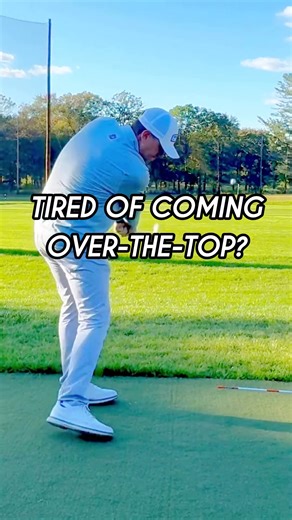 Here’s one of my favorite range hacks to fix that dreaded over-the-top move ⛳️ Flip a range basket upside down, slide an alignment stick through the top holes so it’s sitting about 6 inches above the rim — and place it about 6 inches behind the golf ball, not directly over it. Now make your swing. If you come over the top, you’ll clip the stick instantly. If you stay shallow and on plane, you’ll miss it clean and send the ball right down your target line. This setup trains you to approach from t
