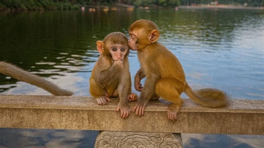 Monkey Gently Watches Over Younger Sibling