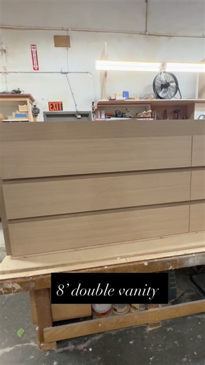 In progress………. Gorgeous rift white oak 8’ double vanity with custom plumbing notch outs and sleek finger pull design~~~ stay tuned for finishing and install 📸📸 @fosterconstructioninc | Blue Ridge Cabinets