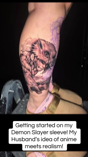 The start of my sleeve! My husbands idea of anime meets realism! #desmoines #tattoo #fyp #anime #momsoftiktokclub @jaycee