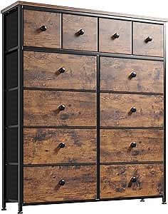 EnHomee Dresser for Bedroom with 12 Drawers, Tall Dresser with Wooden Top and Metal Frame, Fabric Bedroom Dressers & Chests of Drawers Clearance, 40.6" W x 11.7" D x 43.7" H, Rustic Brown