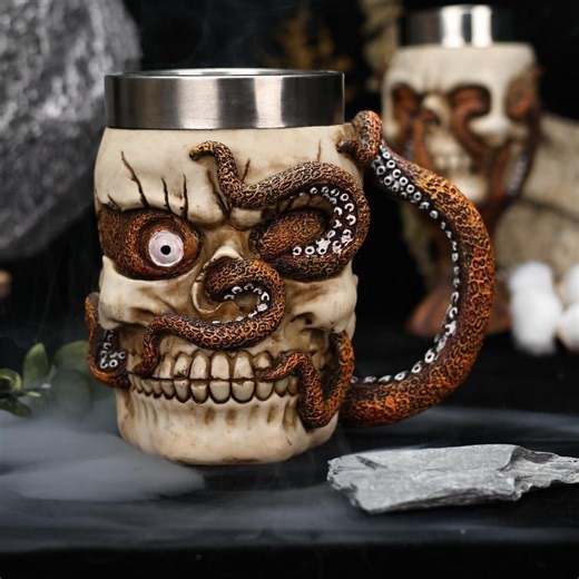 Octopus Tentacle Skull Mug and Goblet Set, Stainless Steel Lined Resin Cups, Gothic Pirate Horror Beer Mugs, Unique Gift. - Etsy