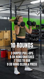 72K views · 633 reactions | 10 Rounds ✅ Hit the save button and give it a go ‍♀️ 3 Burpee Pull-Ups 5 Dumbbell Hang Snatches 7 Toes to Bar 9 Dumbbell Hang Clean & Press Let us know if you're giving this workout a try ⬇️ #fitness #wod #hiit #functionaltraining #training | OnlineWOD | Facebook