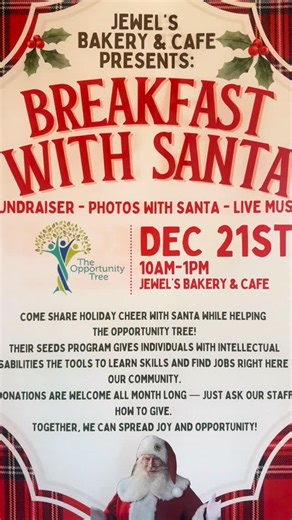 Jewel's Cafe on Instagram: "It’s that time of year again for our annual breakfast with Santa to benefit @theopportunitytree! We’re accepting donations all month long. They help train intellectually disabled adults to join the workforce. We have hired Miguel from their amazing program and he is doing awesome. There are many more individuals who are looking for jobs, so if your a business with an entry-level position that one of these individuals could fill, that is even more amazing! Save the dat