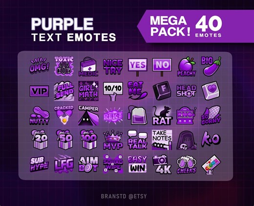 40 Purple Text and Images Emote Pack - Purple Twitch Emotes Mega Packs - Etsy