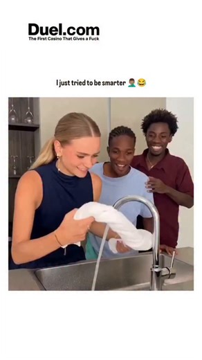 what if on Instagram: "The video depicts a popular social media "towel siphon challenge," where participants drape a wet towel over a faucet to draw water away without direct contact or arm submersion; Bella and Jackie's linear drapes fail to siphon effectively, but Ray's looped configuration succeeds, creating a humorous contrast in problem-solving. Posted October 20, 2025, by @madanitweetguys —a casual fun-content account—the clip's self-deprecating caption ties into the poster's own failed at