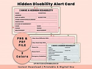 Printable Hidden Disability Card Medical Awareness Card Safety Alert Card Health Condition Emergency ID | PNG & PDF Print Digital Download - Etsy