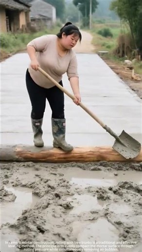 Use a tree trunk to roll and smooth the cement mortar #automobile #bamboo1 #farmingtraditions