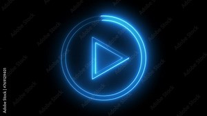 Neon glowing Play button animation on black background. Play button icon neon animation. Music play button icon animation. Animated play button icon with neon circle glowing neon effect.