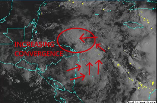 WESTERN CARIBBEAN DISTURBANCE SLOWLY ORGANIZING Latest visible satellite imagery shows signs of slow organization happening with the Western Caribbean disturbance. Yesterday all winds were coming from an easterly direction. Noticing some westerly winds coming off Nicaragua and now southerly winds feeding into the system. In addition, low-level convergence is increasing near the northern coast of Honduras. The area circled is where I now expect the focus for low-level circulation to eventually de
